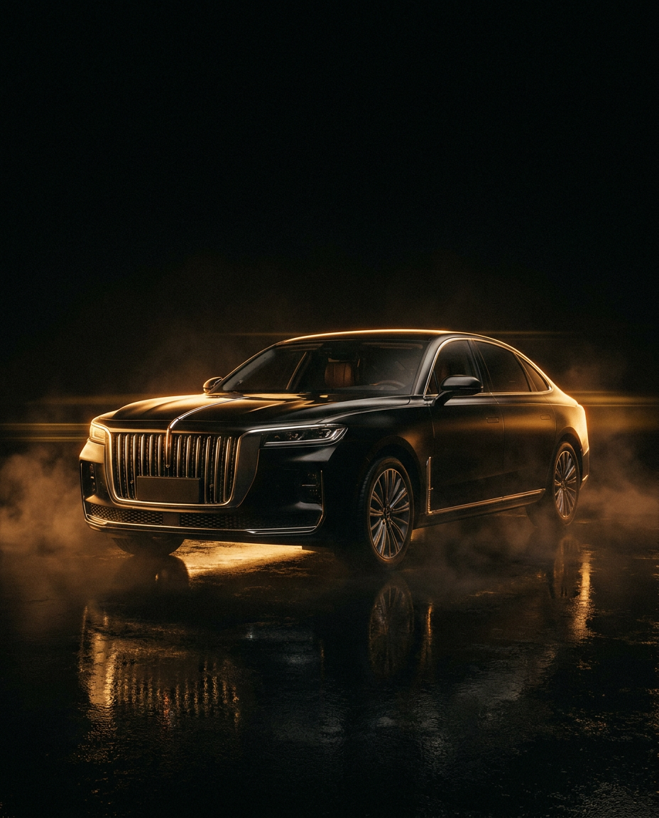 Седан Hongqi с вертикальной решёткой в тёмной студии